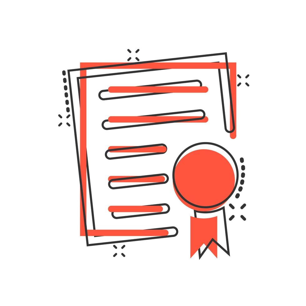 Certificate icon in comic style. License badge vector cartoon illustration on white isolated background. Winner medal splash effect business concept.
