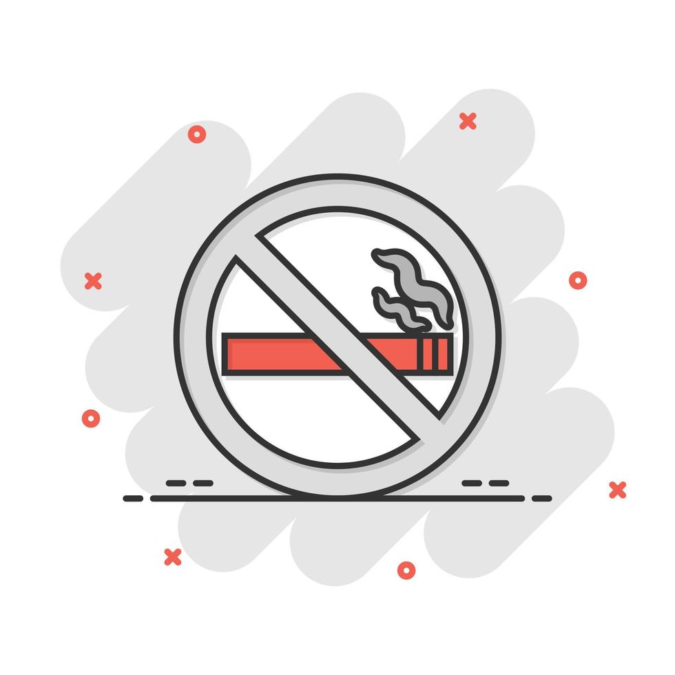 icono de señal de no fumar en estilo cómico. ilustración vectorial de dibujos animados de cigarrillos sobre fondo blanco aislado. concepto de negocio de efecto de salpicadura de nicotina. vector