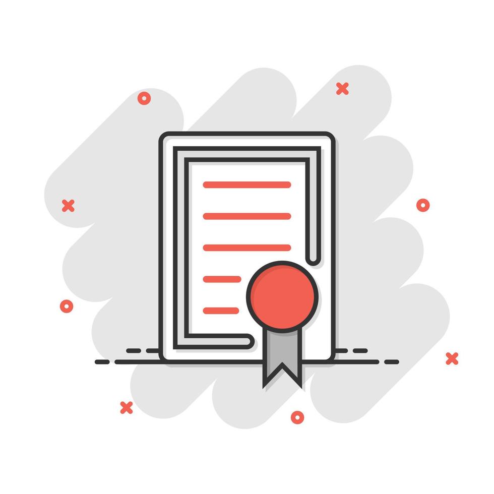 Certificate icon in comic style. License badge vector cartoon illustration on white isolated background. Winner medal splash effect business concept.