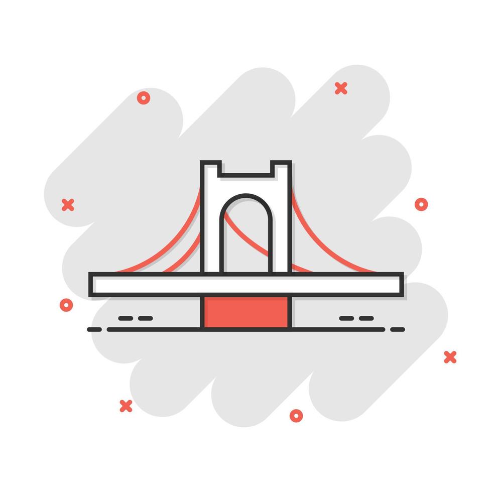 icono de signo de puente en estilo cómico. ilustración de dibujos animados de vector de puente levadizo sobre fondo blanco aislado. efecto de salpicadura de concepto de negocio de carretera.