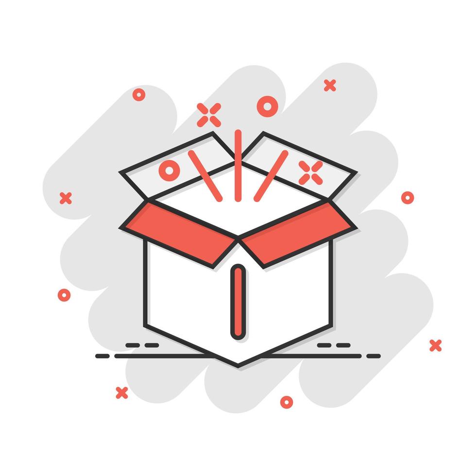 Gift box icon in comic style. Magic case vector cartoon illustration on white isolated background. Present business concept splash effect.