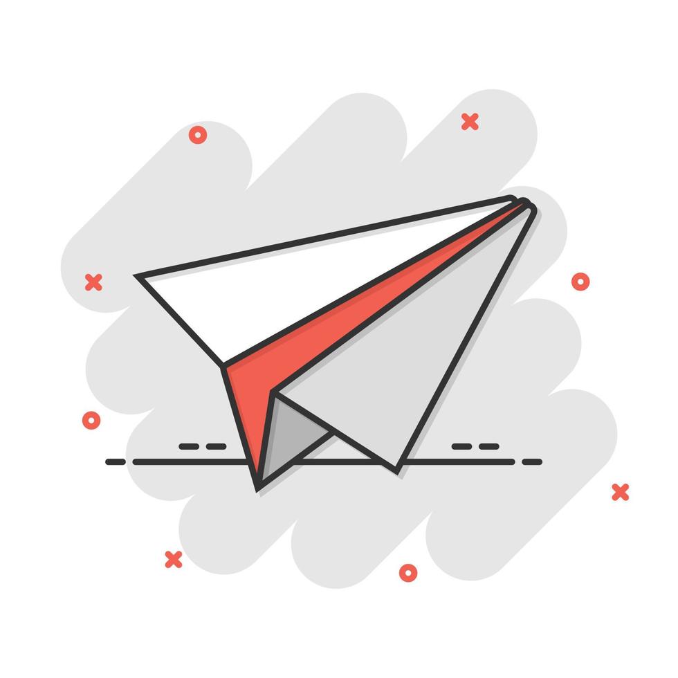 icono de avión de papel en estilo cómico. ilustración de dibujos animados de vector plano sobre fondo blanco aislado. efecto de salpicadura del concepto de negocio de vuelo aéreo.