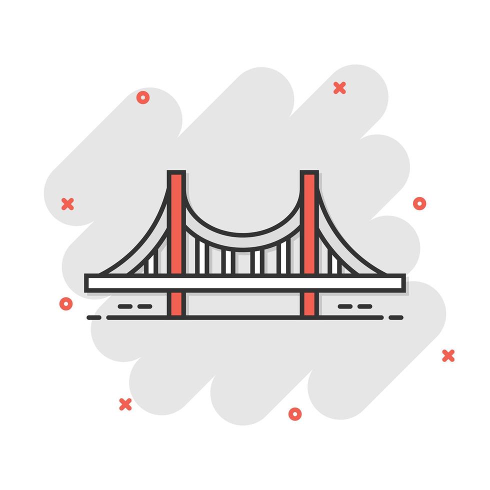 icono de signo de puente en estilo cómico. ilustración de dibujos animados de vector de puente levadizo sobre fondo blanco aislado. efecto de salpicadura de concepto de negocio de carretera.