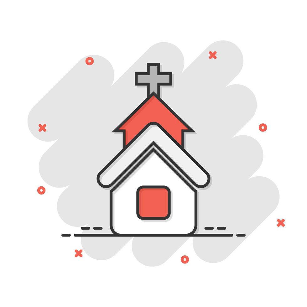 Church icon in comic style. Chapel vector cartoon illustration on white isolated background. Religious building business concept splash effect.