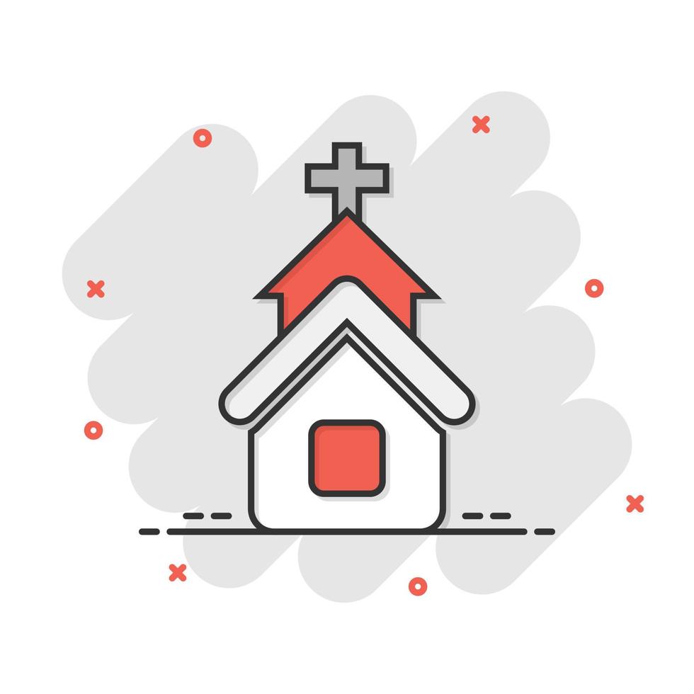 icono de la iglesia en estilo cómico. ilustración de dibujos animados de vector de capilla sobre fondo blanco aislado. efecto de salpicadura de concepto de negocio de edificio religioso.