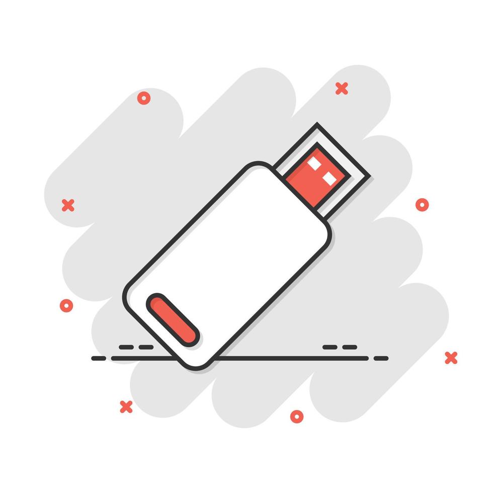 Usb drive icon in comic style. Flash disk vector cartoon illustration on white isolated background. Digital memory splash effect business concept.