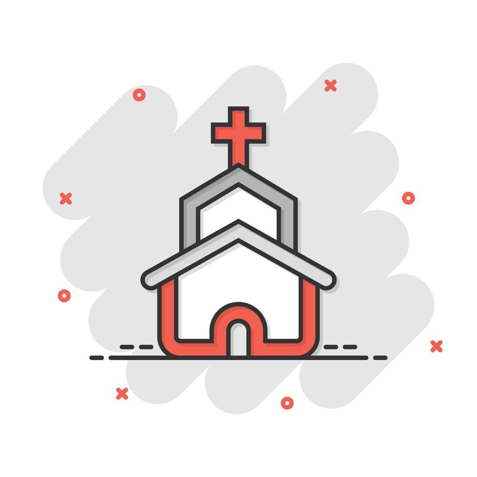Church icon in comic style. Chapel vector cartoon illustration on white isolated background. Religious building business concept splash effect.