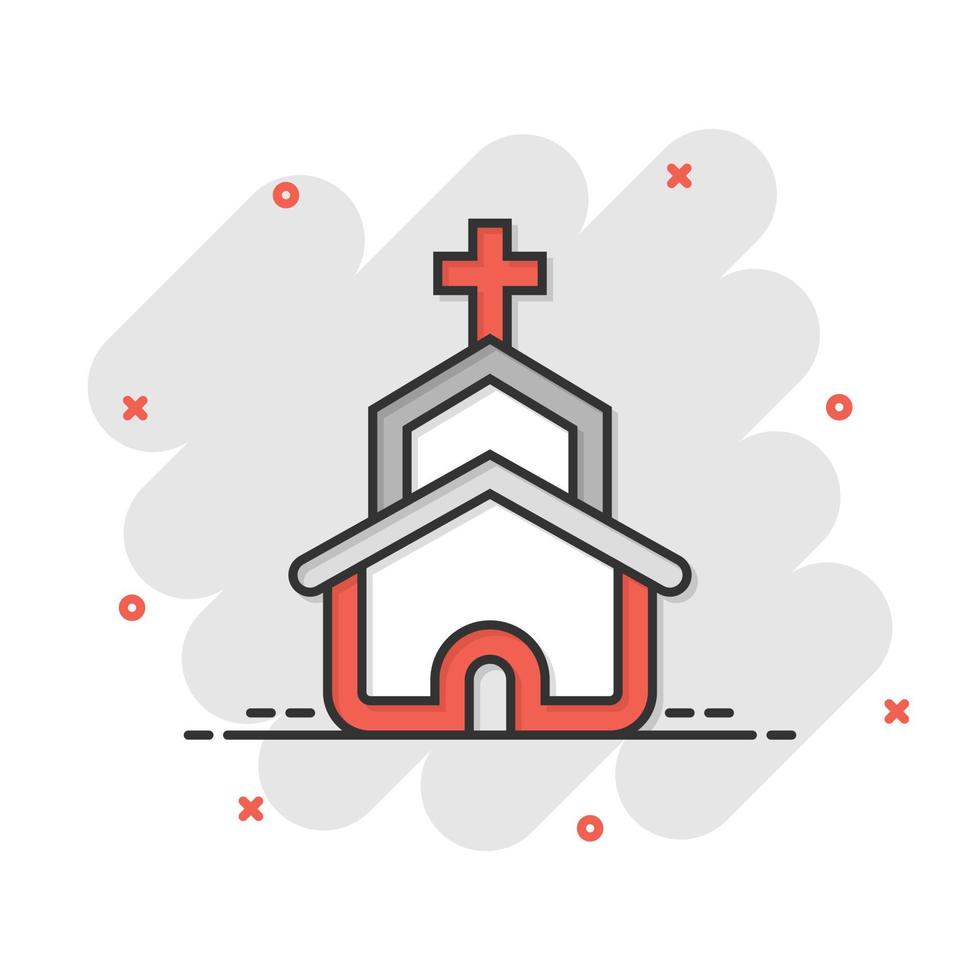 icono de la iglesia en estilo cómico. ilustración de dibujos animados de vector de capilla sobre fondo blanco aislado. efecto de salpicadura de concepto de negocio de edificio religioso.