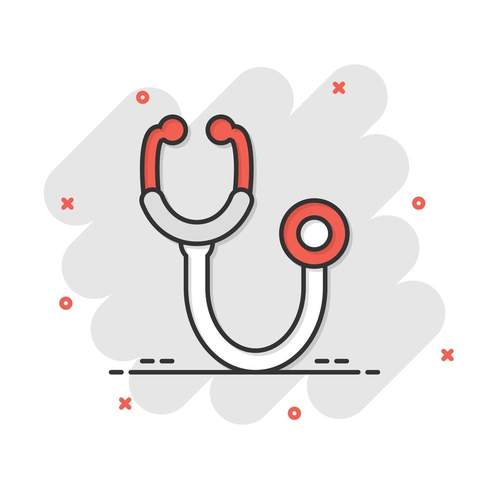 icono de signo de estetoscopio en estilo cómico. ilustración de dibujos animados de vector médico médico sobre fondo blanco aislado. efecto de salpicadura del concepto de negocio del hospital.