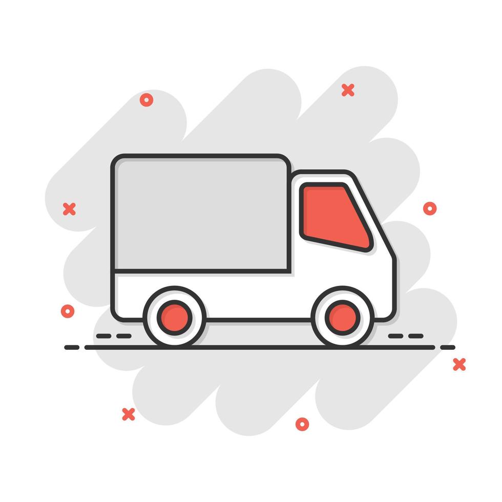 Delivery truck sign icon in comic style. Van vector cartoon illustration on white isolated background. Cargo car business concept splash effect.