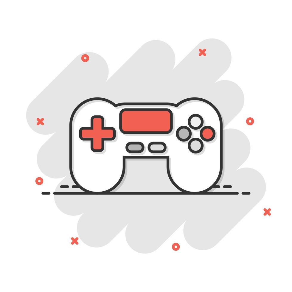 icono de signo de joystick en estilo cómico. ilustración de dibujos animados de vector de gamepad sobre fondo blanco aislado. Efecto de salpicadura de concepto de negocio de controlador de consola de juegos.