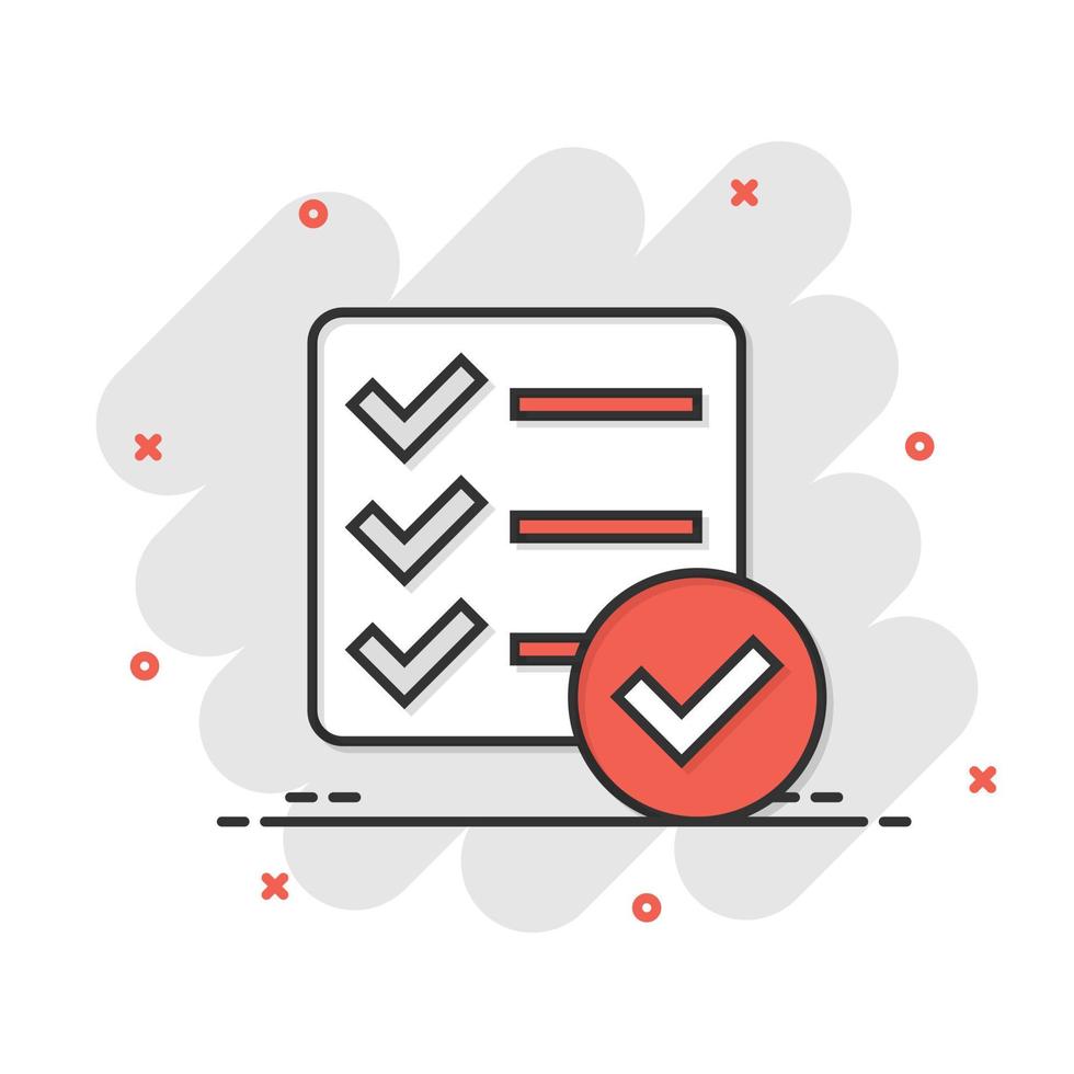 Checklist document sign icon in comic style. Survey vector cartoon illustration on white isolated background. Check mark banner business concept splash effect.