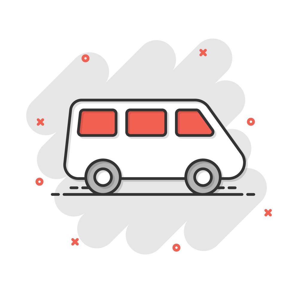 Passenger minivan sign icon in comic style. Car bus vector cartoon illustration on white isolated background. Delivery truck banner business concept splash effect.