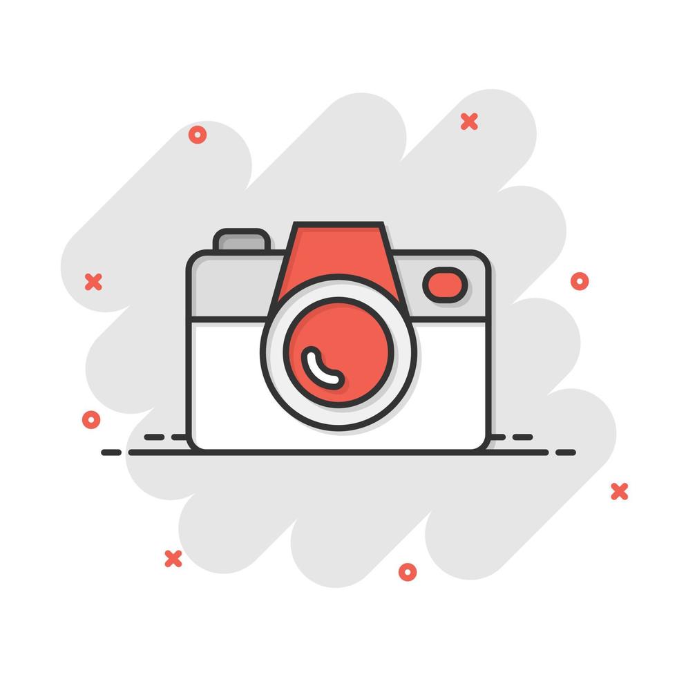 Camera device sign icon in comic style. Photography vector cartoon illustration on white isolated background. Cam equipment business concept splash effect.