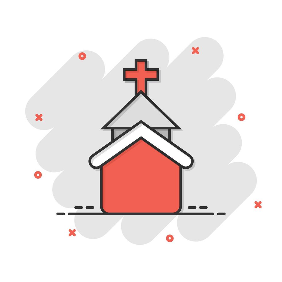 Church icon in comic style. Chapel vector cartoon illustration on white isolated background. Religious building business concept splash effect.