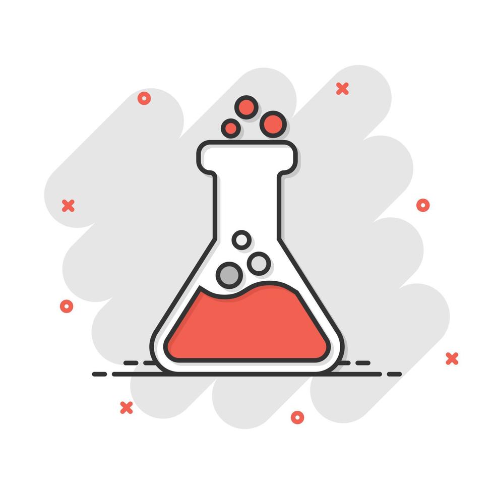 Chemistry beakers sign icon in comic style. Flask test tube vector cartoon illustration on white isolated background. Alchemy business concept splash effect.