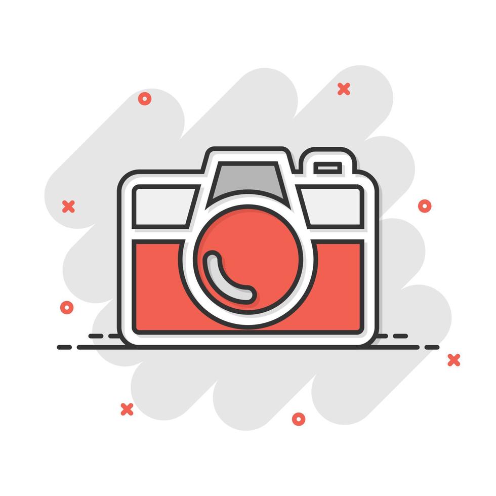 Camera device sign icon in comic style. Photography vector cartoon illustration on white isolated background. Cam equipment business concept splash effect.