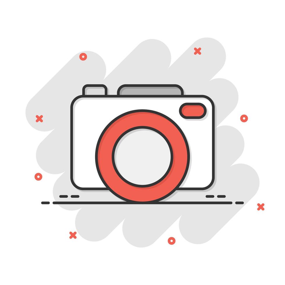 Camera device sign icon in comic style. Photography vector cartoon illustration on white isolated background. Cam equipment business concept splash effect.