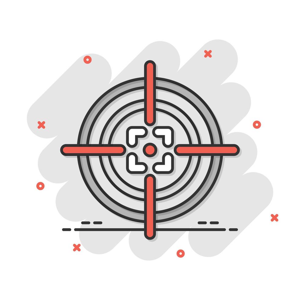 Shooting target vector icon in comic style. Aim sniper symbol cartoon illustration on white background. Target aim business concept splash effect.
