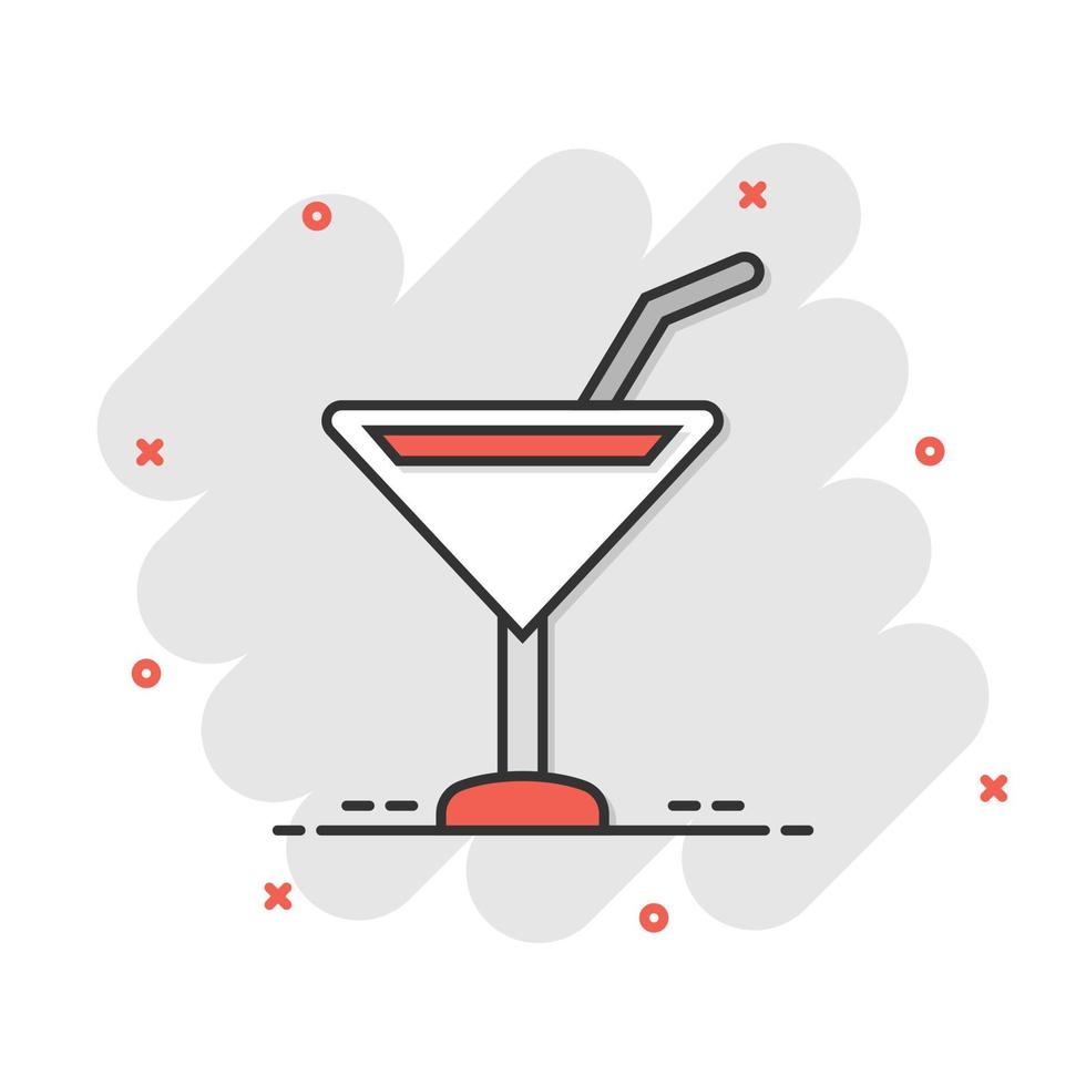 icono de cóctel de alcohol en estilo cómico. beber vidrio vector ilustración de dibujos animados sobre fondo blanco aislado. efecto de salpicadura del concepto de negocio líquido martini.