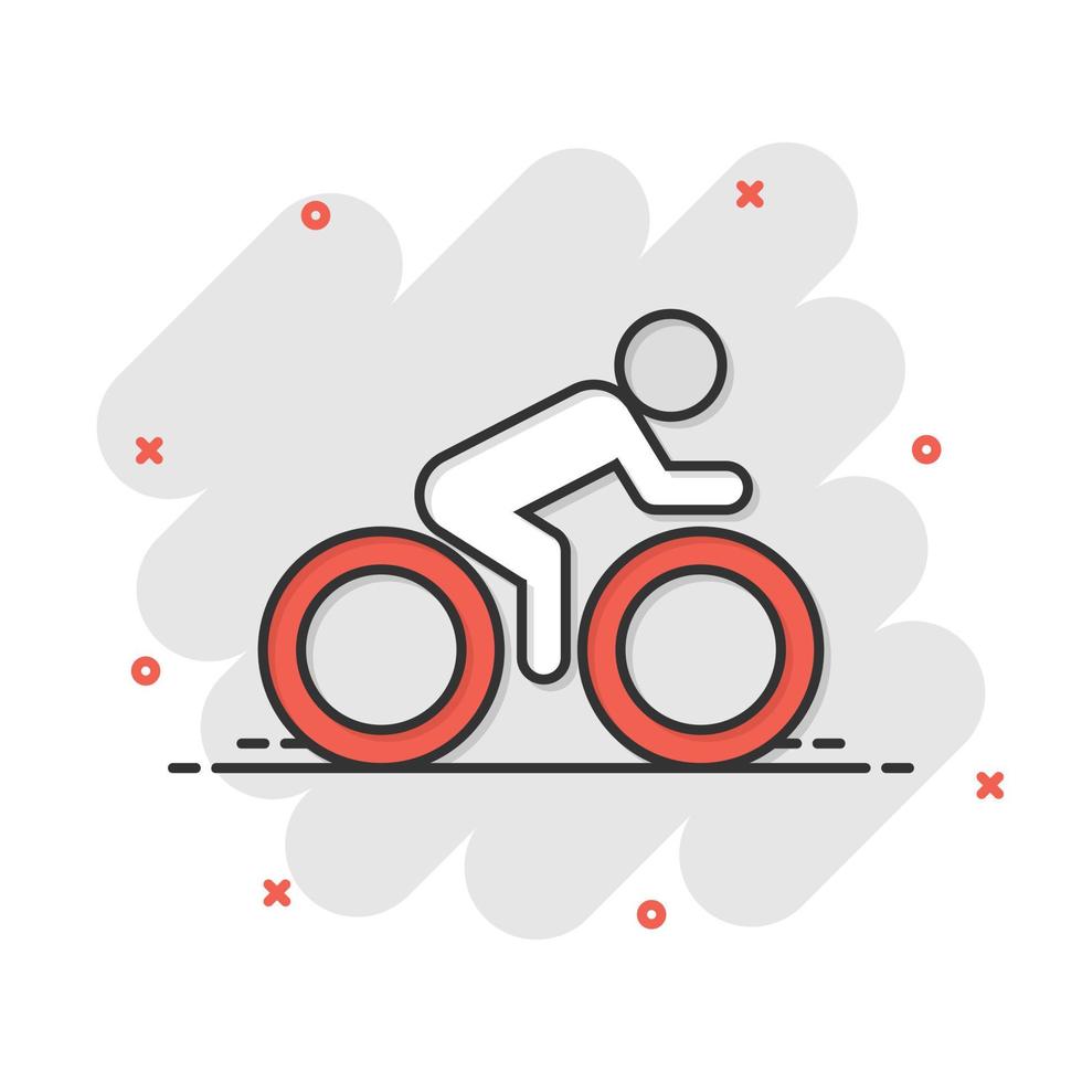 People on bicycle sign icon in comic style. Bike vector cartoon illustration on white isolated background. Men cycling business concept splash effect.