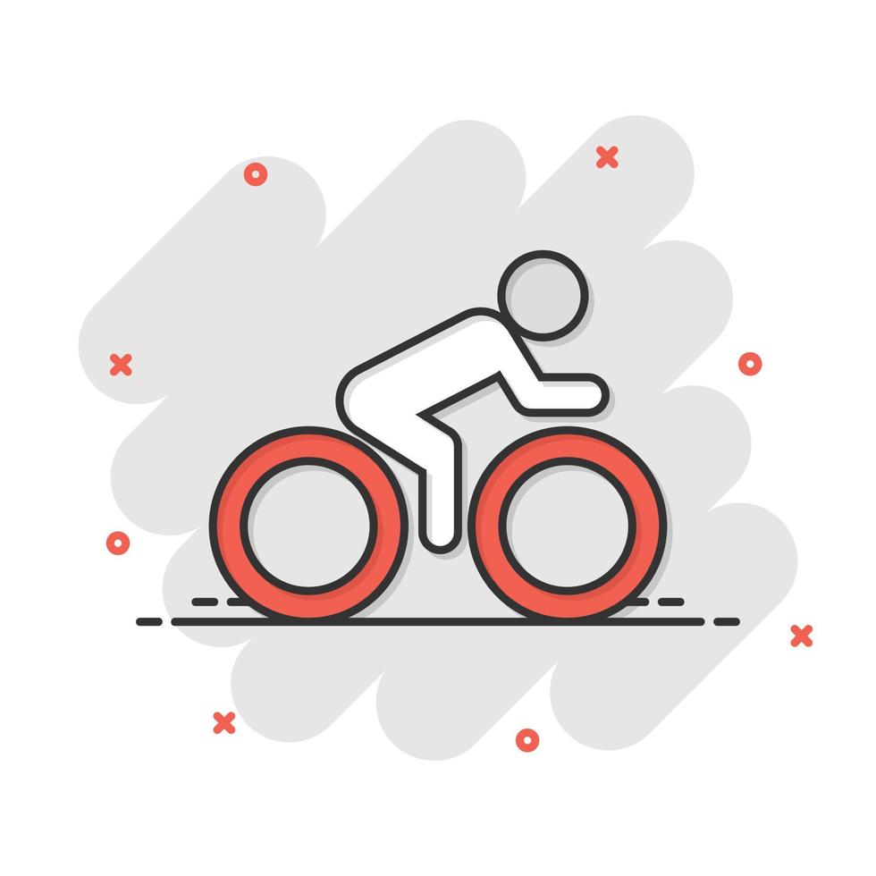 gente en icono de signo de bicicleta en estilo cómico. ilustración de dibujos animados de vector de bicicleta sobre fondo blanco aislado. efecto de salpicadura de concepto de negocio de ciclismo de hombres.