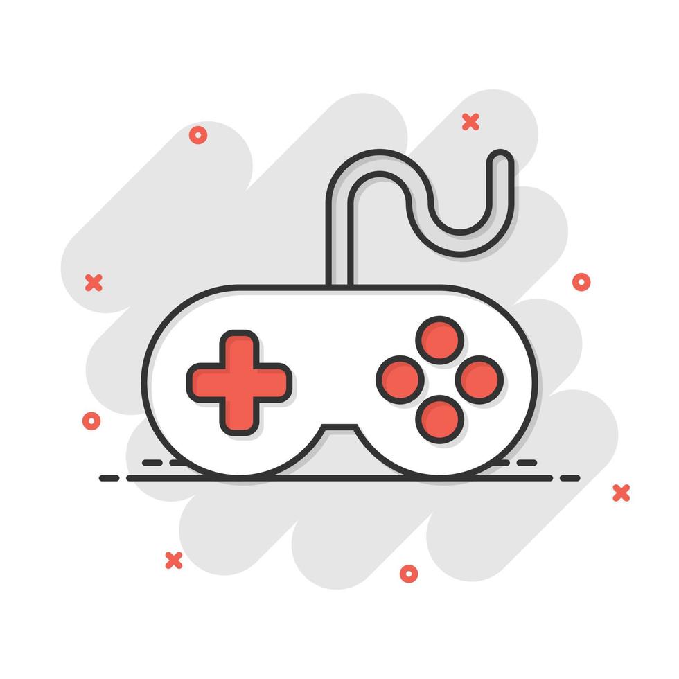 icono de signo de joystick en estilo cómico. ilustración de dibujos animados de vector de gamepad sobre fondo blanco aislado. Efecto de salpicadura de concepto de negocio de controlador de consola de juegos.