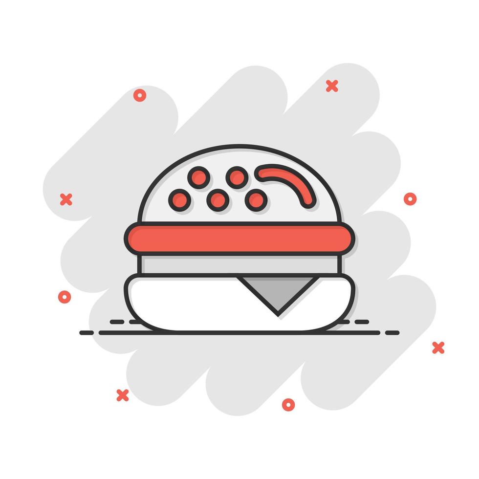 icono de signo de hamburguesa en estilo cómico. ilustración de dibujos animados de vector de hamburguesa sobre fondo blanco aislado. efecto de salpicadura de concepto de negocio de hamburguesa con queso.