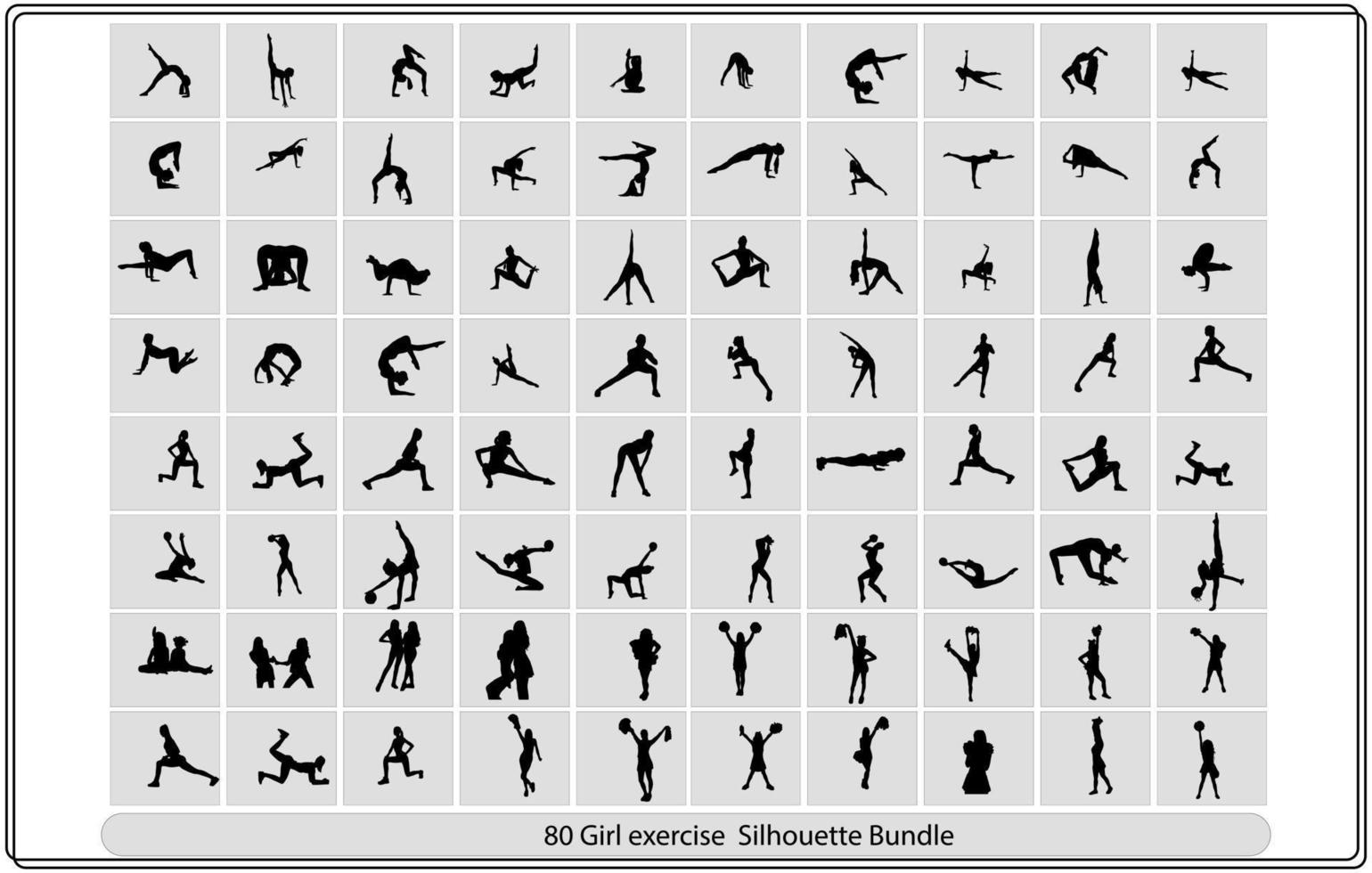 Big set of vector silhouettes of man and woman doing fitness, sport and yoga workout isolated on white background. Icons of sportive boy and girl practicing exercises in different positions.