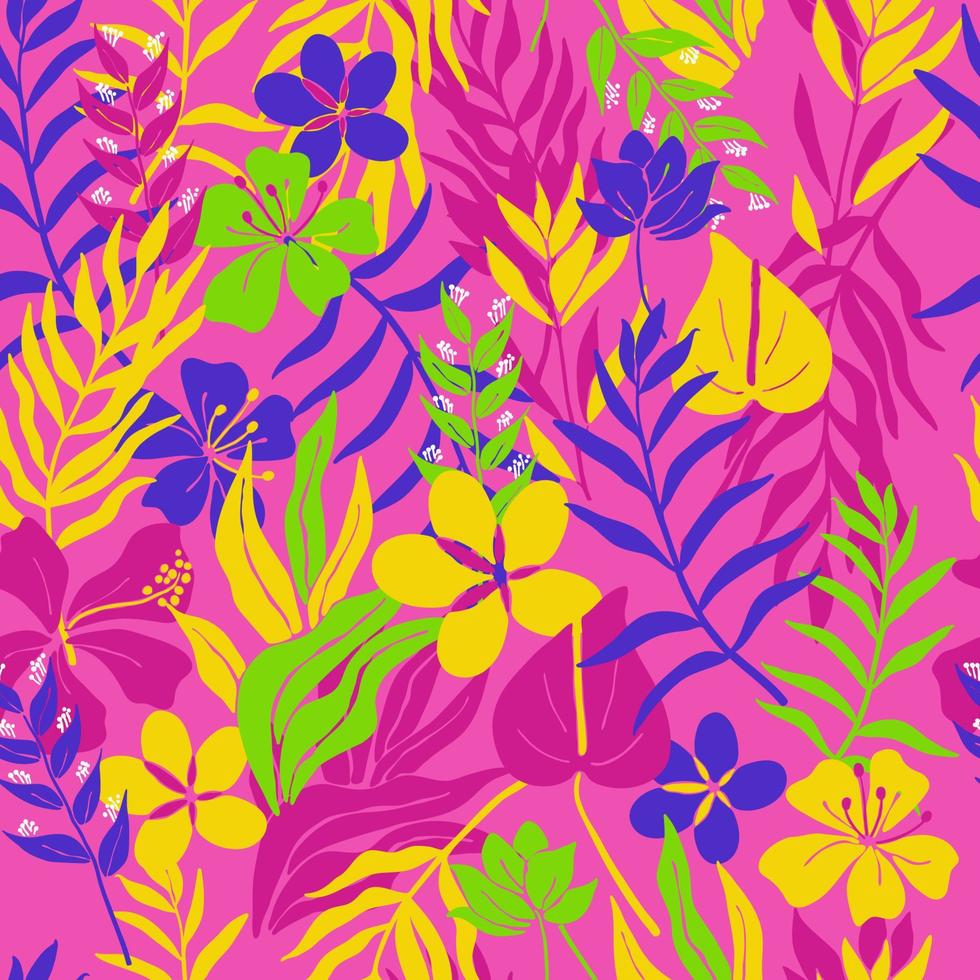 Tropical leaves and paradise flowers on bright pink background. Seamless exotic botanical pattern vector