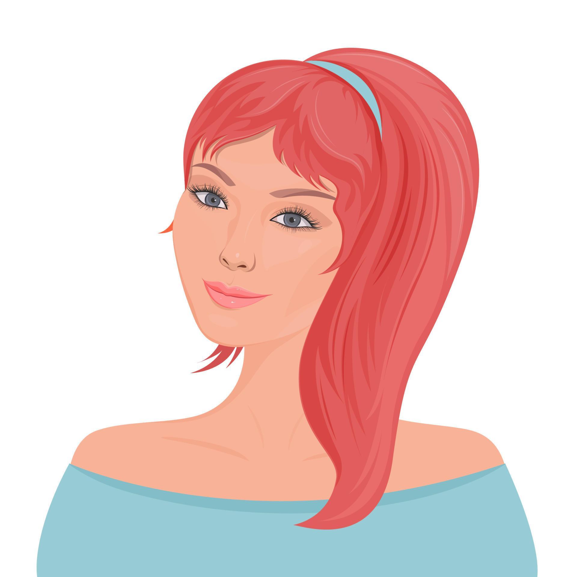 Portrait of a redhaired girl in pale blue clothes. Vector illustration isolated on a white