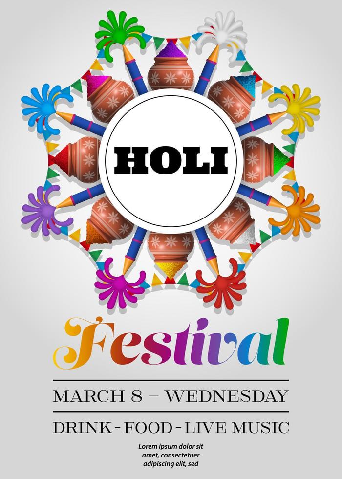 holi festival background with pichkari and gulal. indian colors festival flyer with powder color pots and pennants vector