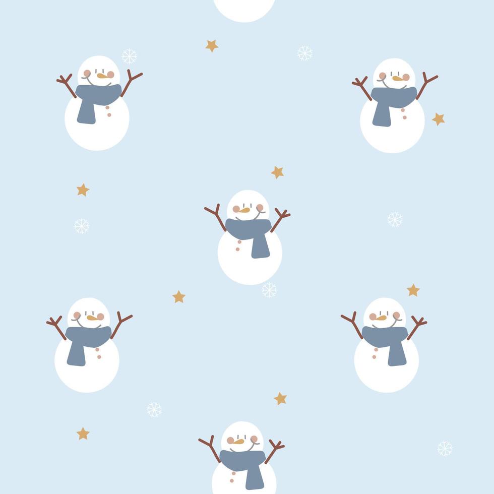 muñeco de nieve dibujado a mano, estrella, patrón de repetición de copos de nieve en fondo azul, elemento meteorológico de temporada de invierno de vacaciones, feliz navidad y feliz año nuevo, diseño de ilustración de vector plano