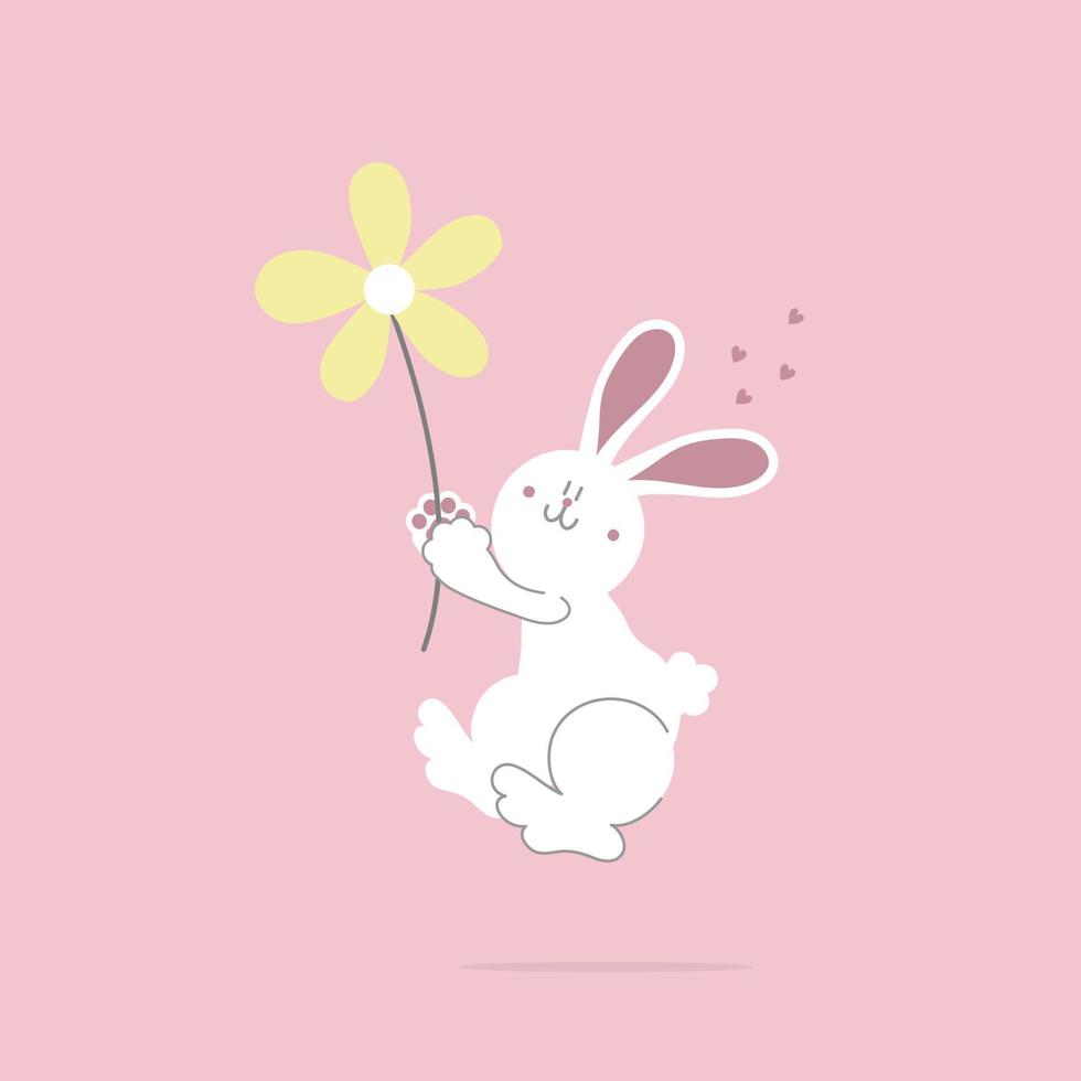 animal mascota conejito conejo y flor, día de san valentín, pascua feliz, personaje de dibujos animados de ilustración de vector plano
