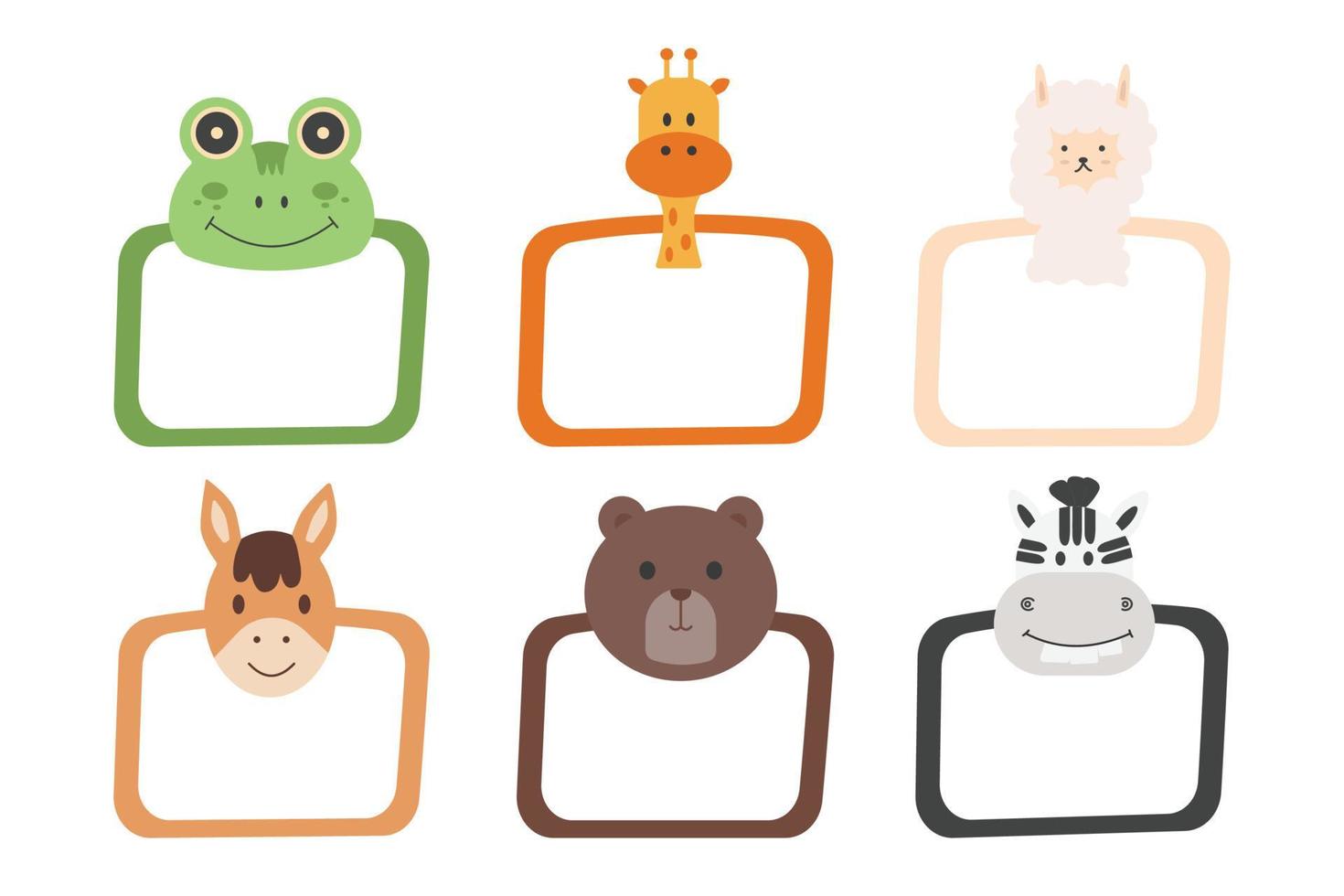 Decorative head animal vector template frames. 6 Frames animal face frog, giraffe, alpaga, horse, bear and zebra