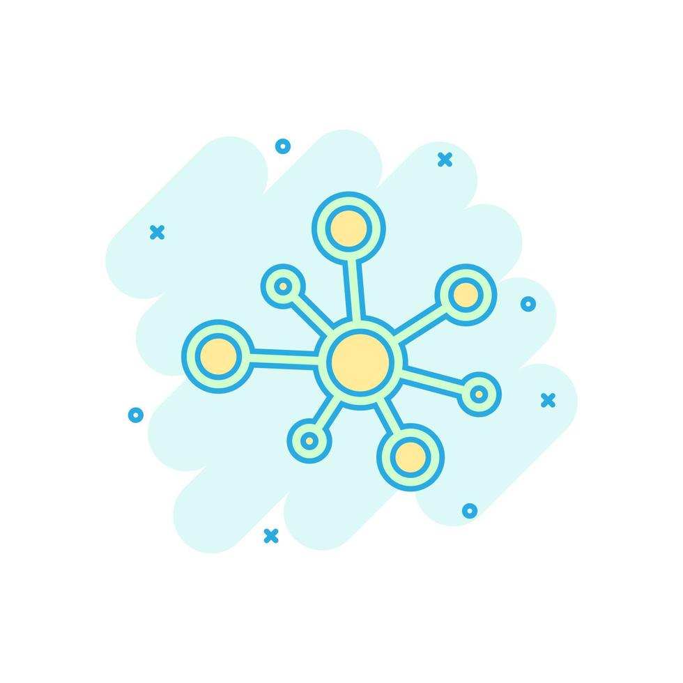 Hub network connection sign icon in comic style. Dna molecule vector cartoon illustration on white isolated background. Atom business concept splash effect.