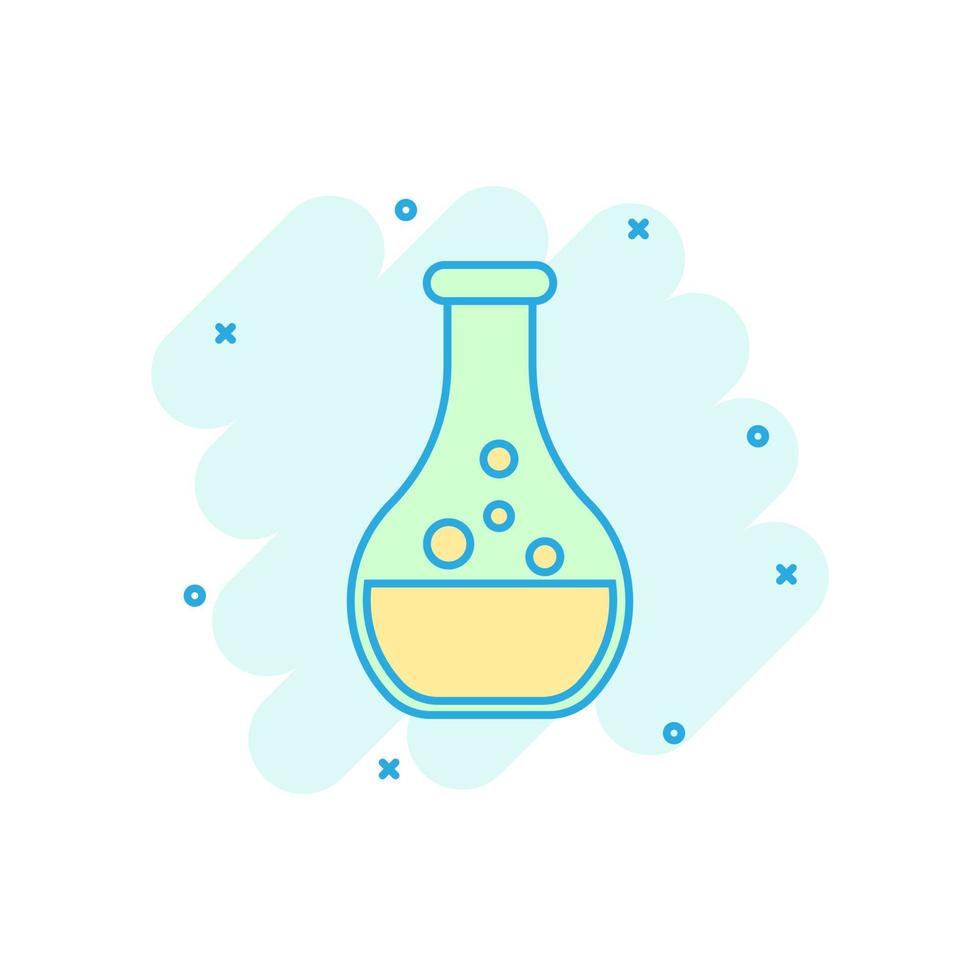 Chemistry beakers sign icon in comic style. Flask test tube vector cartoon illustration on white isolated background. Alchemy business concept splash effect.