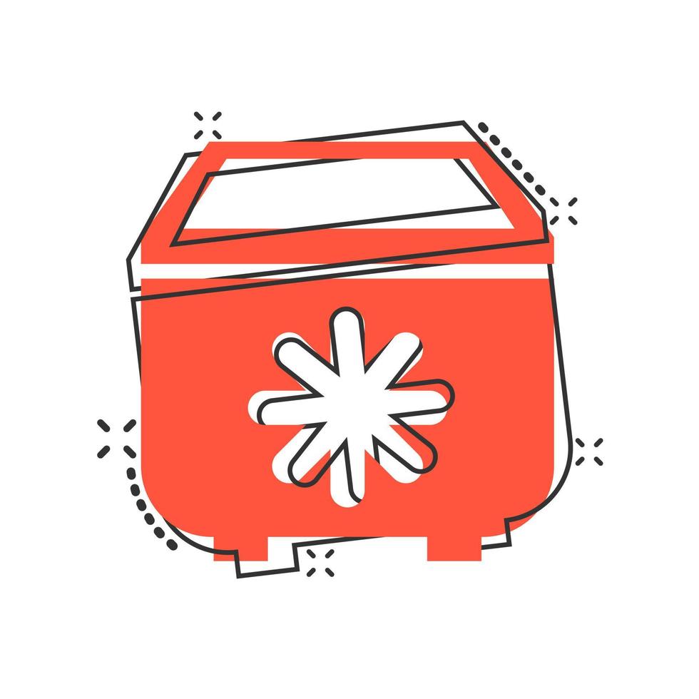 Fridge refrigerator icon in comic style. Freezer container vector cartoon illustration pictogram splash effect.