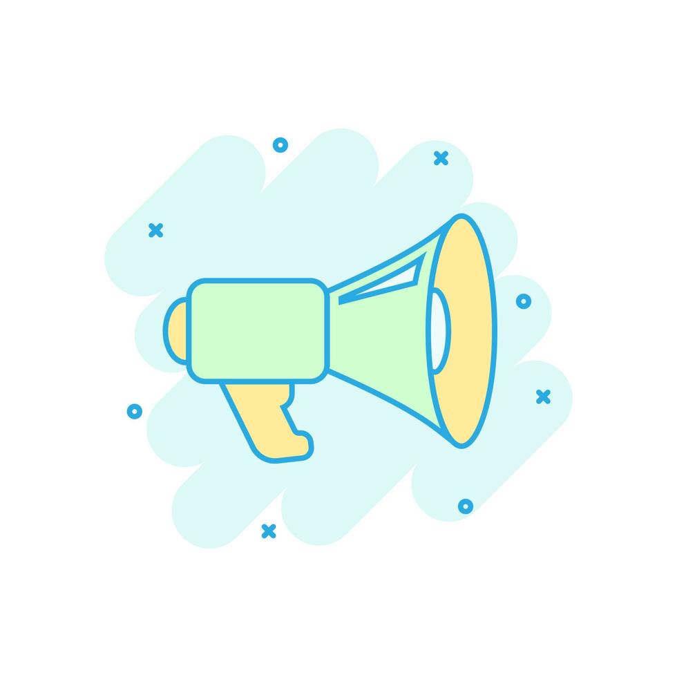 Megaphone speaker icon in comic style. Bullhorn vector cartoon illustration on white isolated background. Scream announcement business concept splash effect.