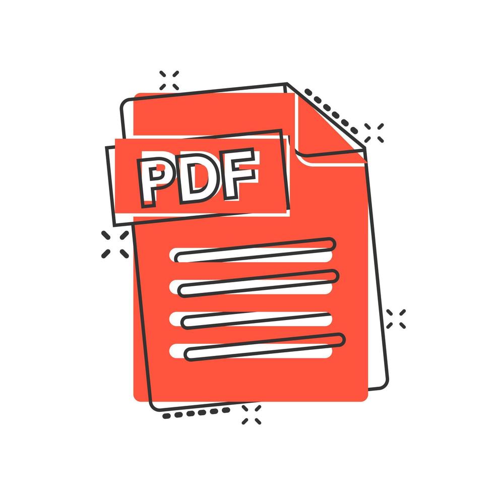 icono de pdf en estilo cómico. ilustración de dibujos animados de vector de texto de documento sobre fondo blanco aislado. concepto de negocio de efecto de salpicadura de archivo.
