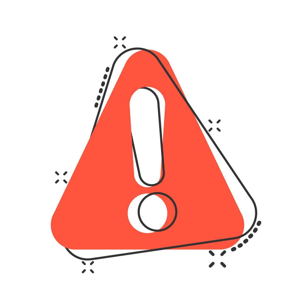 Exclamation mark icon in comic style. Danger alarm vector cartoon illustration pictogram. Caution risk business concept splash effect.