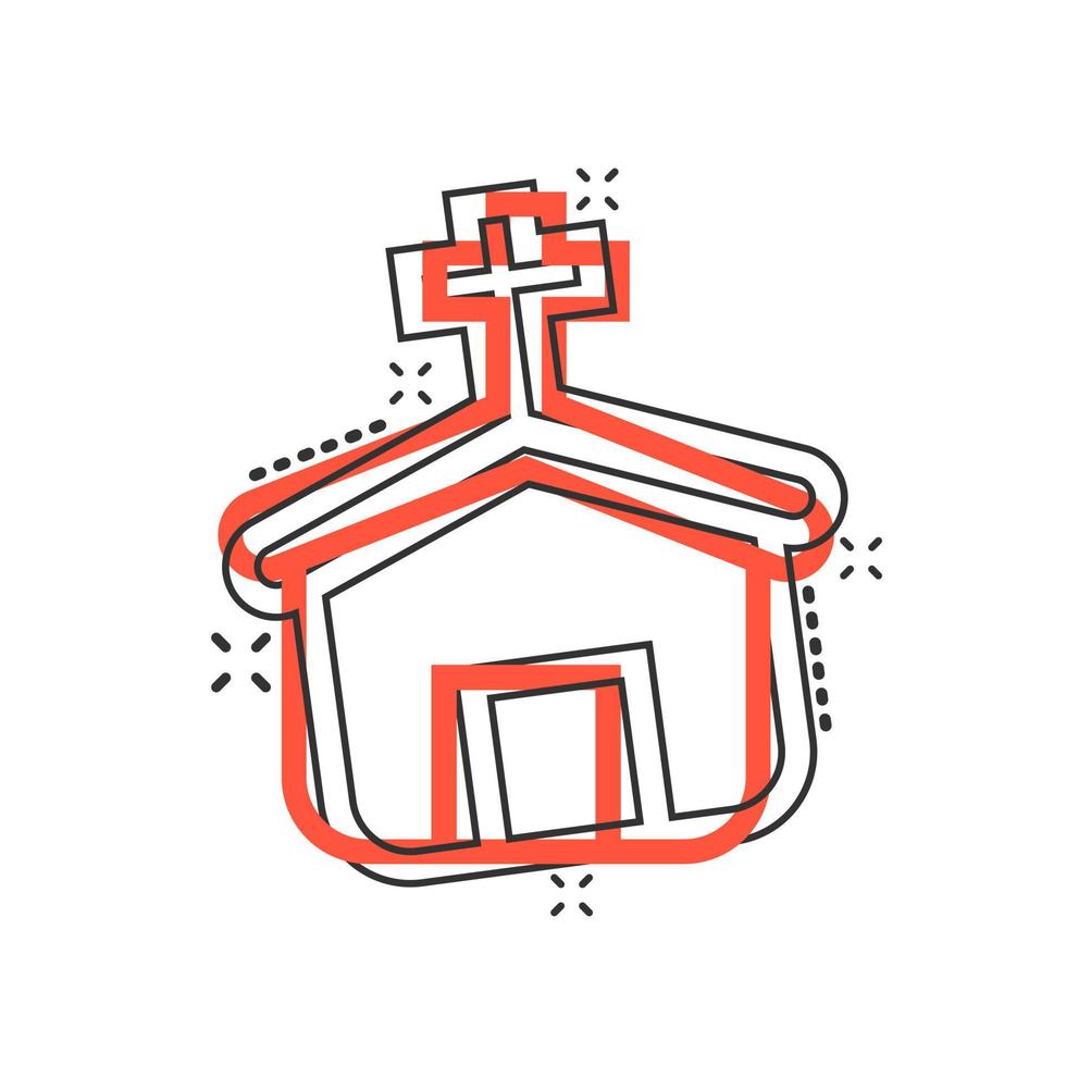 icono de la iglesia en estilo cómico. ilustración de dibujos animados de vector de capilla sobre fondo blanco aislado. efecto de salpicadura de concepto de negocio de edificio religioso.