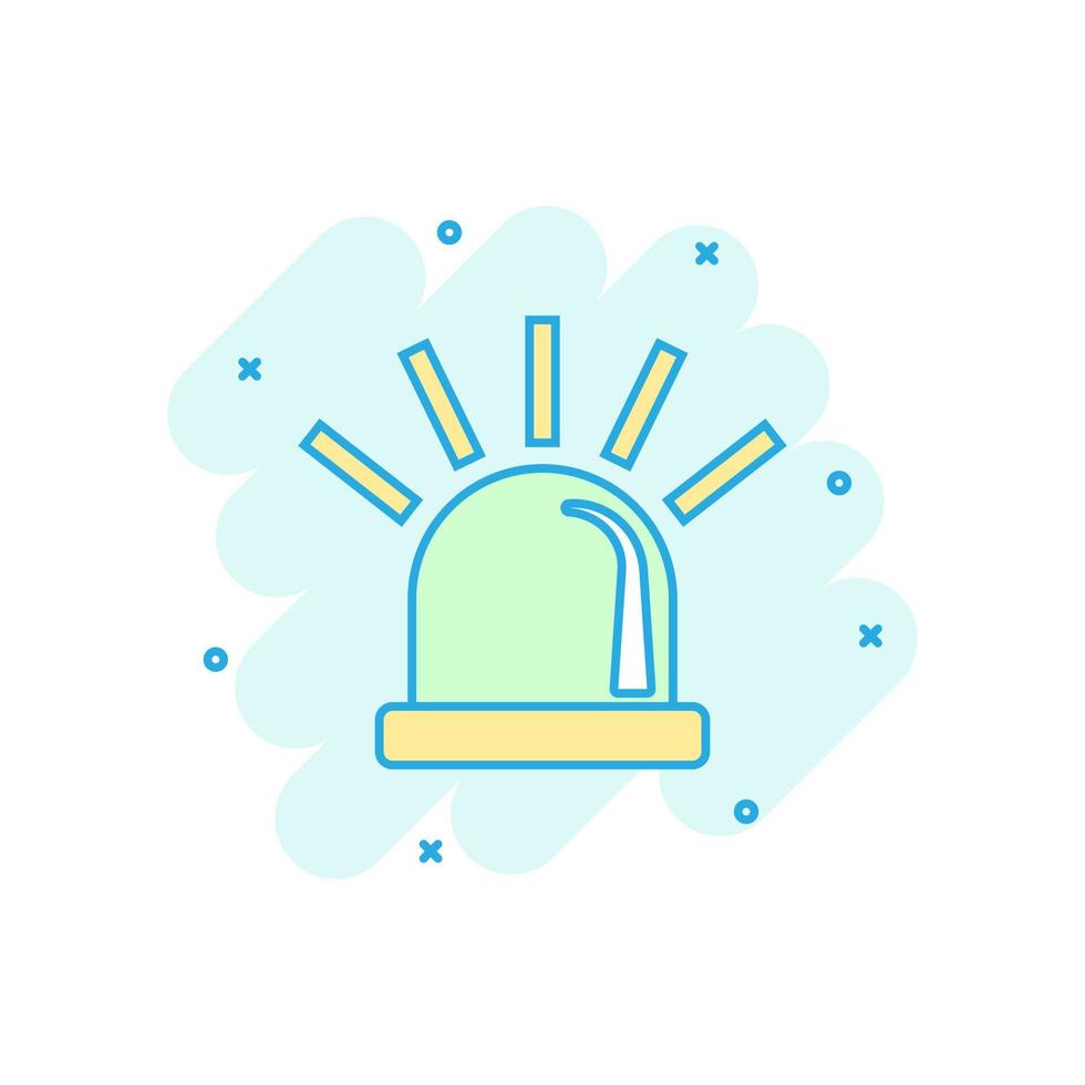 Emergency siren icon in comic style. Police alarm vector cartoon illustration on white isolated background. Medical alert business concept splash effect.