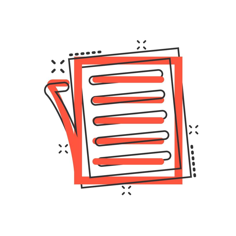 Document note icon in comic style. Paper sheet vector cartoon illustration pictogram. Notepad document business concept splash effect.