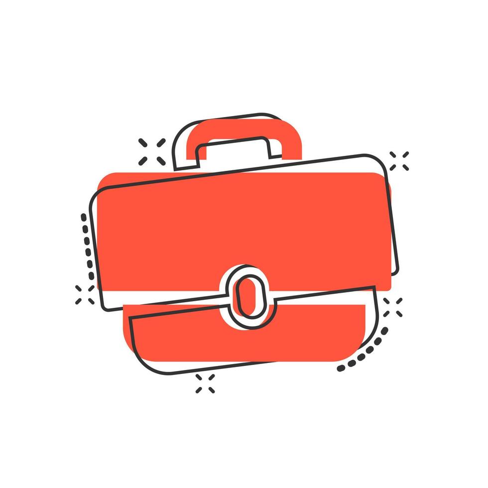 icono de signo de maletín en estilo cómico. ilustración de dibujos animados de vector de maleta sobre fondo blanco aislado. efecto de salpicadura de concepto de negocio de equipaje.