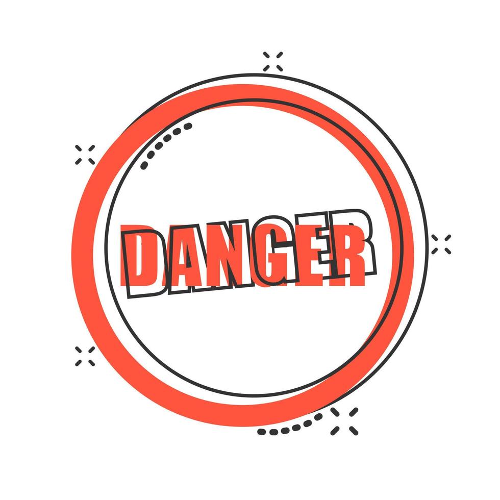 Exclamation mark icon in comic style. Danger alarm vector cartoon illustration on white isolated background. Caution risk business concept splash effect.