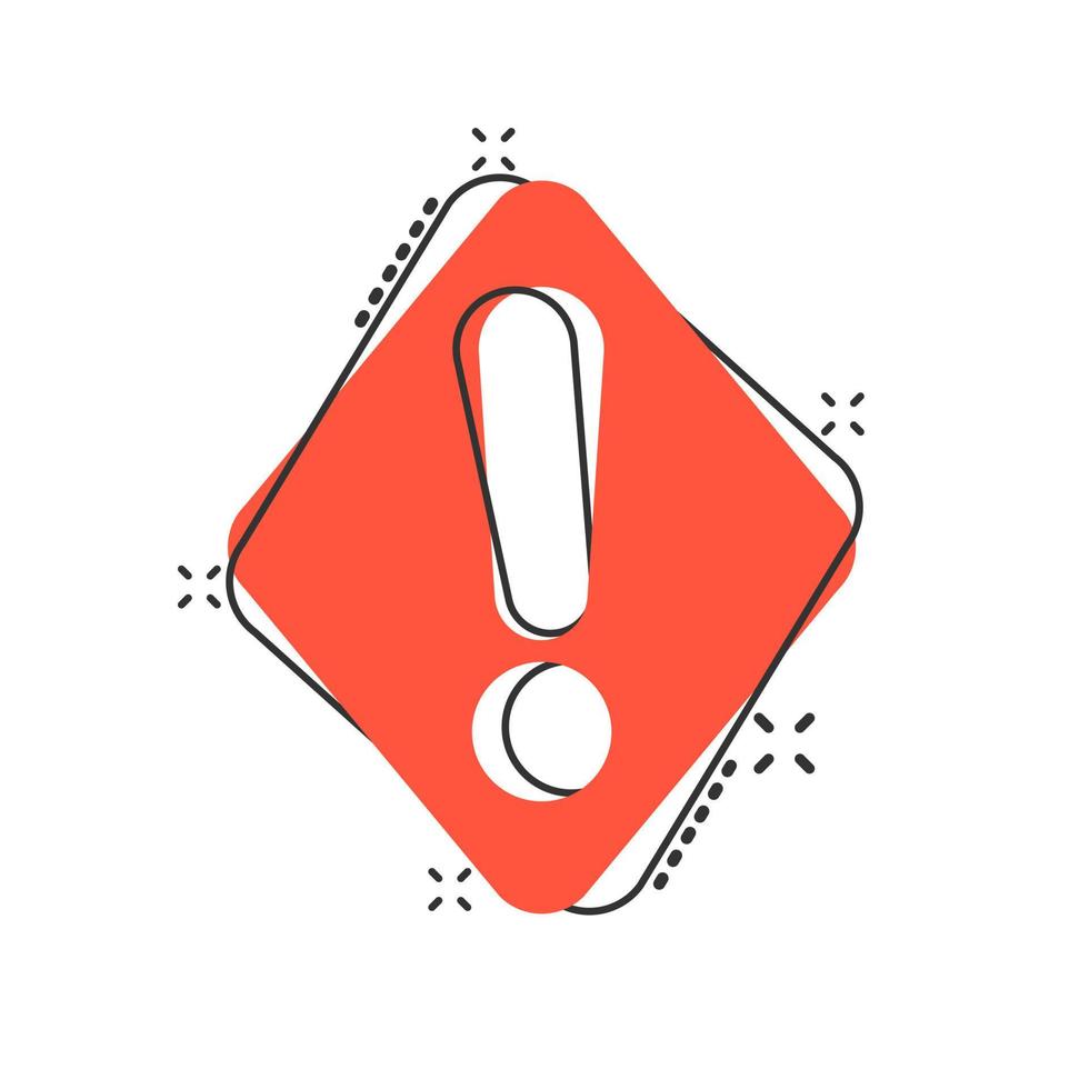 Exclamation mark icon in comic style. Danger alarm vector cartoon illustration pictogram. Caution risk business concept splash effect.