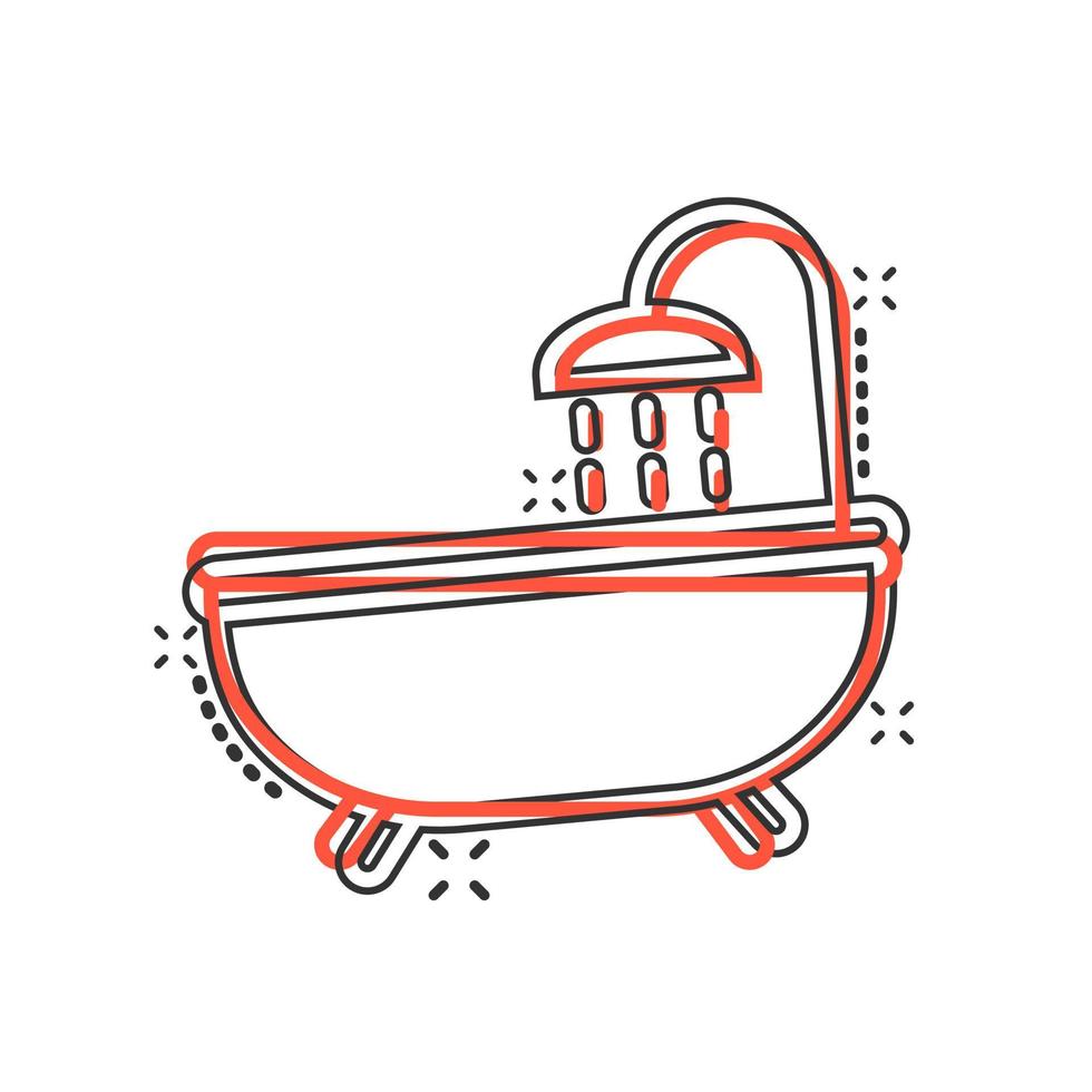 Bath shower icon in comic style. Bathroom hygiene vector cartoon illustration pictogram splash effect.