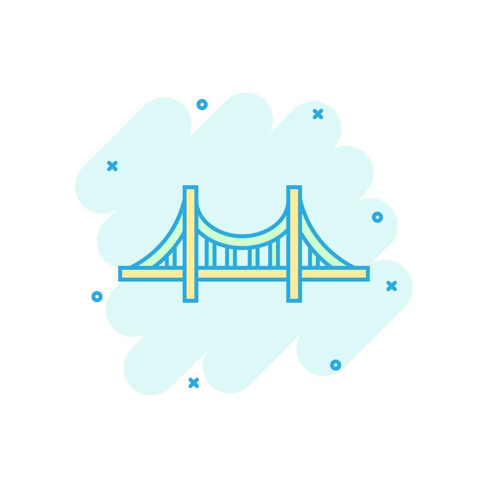 icono de signo de puente en estilo cómico. ilustración de dibujos animados de vector de puente levadizo sobre fondo blanco aislado. efecto de salpicadura de concepto de negocio de carretera.