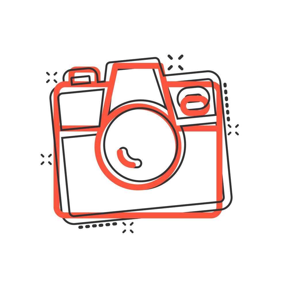 Camera device sign icon in comic style. Photography vector cartoon illustration on white isolated background. Cam equipment business concept splash effect.